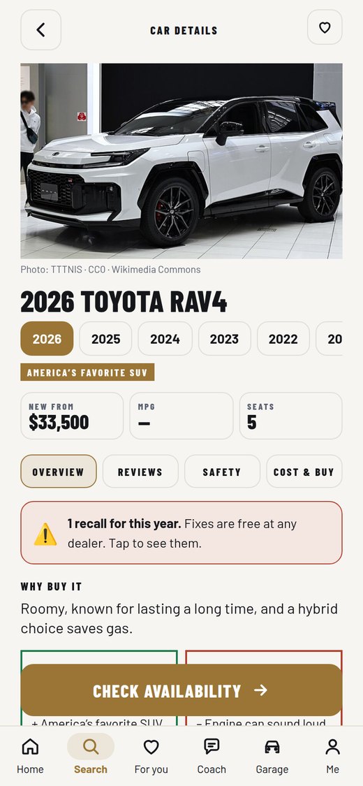 A car page with safety and recalls