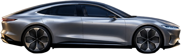 A silver electric sedan